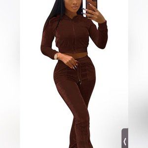 Women 2 Piece Velour Tracksuit Two Piece Outfits Long Sleeve Crop size large NWT